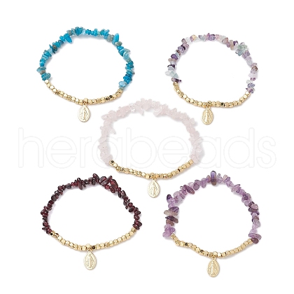 Natural Gemstone Chip & Cube Non-magnetic Synthetic Hematite Beaded Stretch Bracelets BJEW-JB10630-01-1