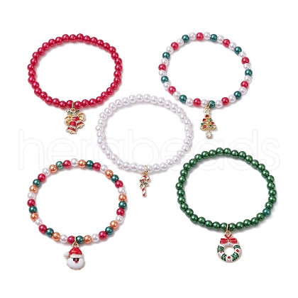 5Pcs 5 Styles Christmas Theme Acrylic Imitation Pearl & Alloy Enamel Stretch Charm Bracelet Sets for Women BJEW-JB11199-1
