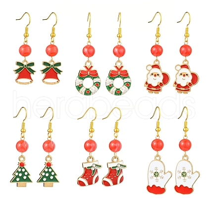 6 Pairs 6 Styles Christmas Tree & Snowflake & Wreath Alloy Enamel Dangle Earrings for Women EJEW-FS00003-1
