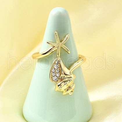 Ocean Theme Brass Micro Pave Cubic Zirconia Cuff Rings for Women RJEW-F184-17E-G-1