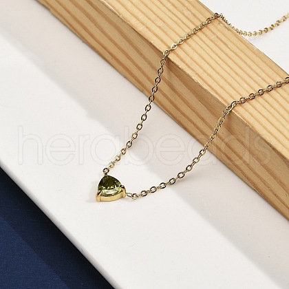 304 Stainless Steel Olive Cubic Zirconia Triangle Pendant Necklaces for Women NJEW-Z064-01G-1