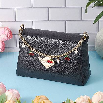 Red Glass Cherry & Alloy Enamel White Flower Charm Aluminum Curb Chain Bag Decorative Chains AJEW-BA00150-1