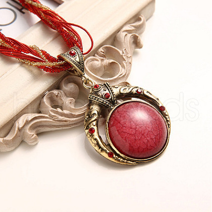 Bohemian Style Flat Round Alloy & Resin Imitation Gems Pendant Necklaces WG23E28-01-1