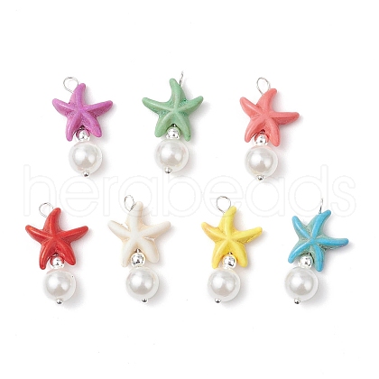 Dyed Synthetic Turquoise Starfish & ABS Plastic Imitation Pearl Pendants PALLOY-JF03794-1