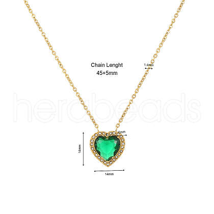 Stainless Steel Pave Green Cubic Zirconia Heart-Shaped Pendant Necklaces for Women QU3786-1