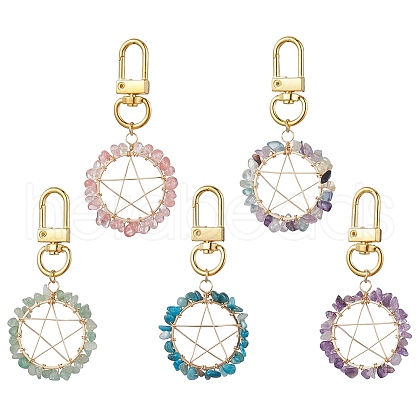 5Pcs 5 Style Flat Round with Star Natural & Synthetic Gemstone Chips Beaded Pendant Decorations HJEW-JM01811-S-1