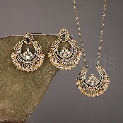 Teardrop & Ring Alloy & Plastic Pearl Enamel Pendant Necklace & Stud Dangle Earrings Sets FS-WG36BCF-02-1