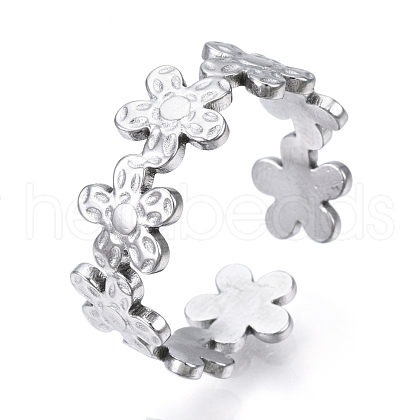 304 Stainless Steel Flower Open Cuff Ring for Women RJEW-N040-33-1