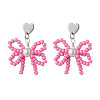 Heart with Bowknot Handmade Glass Seed Beads Dangle Stud Earrings EJEW-MZ00474-04-2