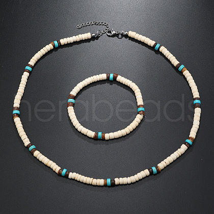 Bohemian Style Coconut Shell with Synthetic Turquoise Rondelle Beaded Necklaces & Bracelets Sets FS-WG8D889-03-1