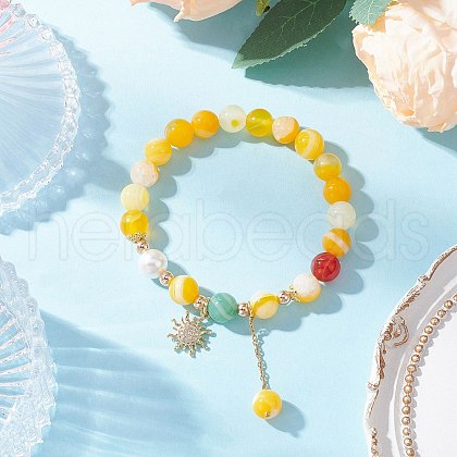 Natural Striped Agate Round Beaded Bracelets BJEW-JB11924-02-1
