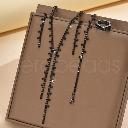 Alloy Rhinestone Tassel Pendant Necklace & Stud Earring & Ring FS-WG7E587-01-1