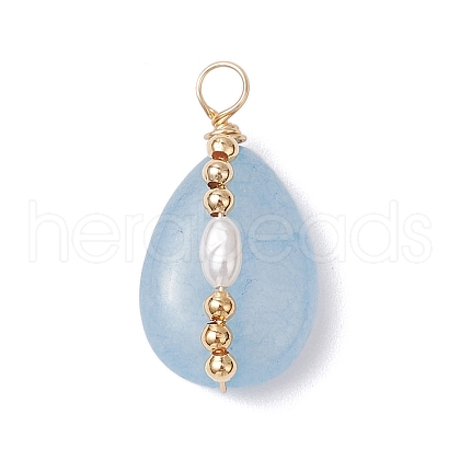 Copper Wire Wrapped Natural Aquamarine & Natural Cultured Freshwater Pearl Beads Pendants PALLOY-JF03645-05-1