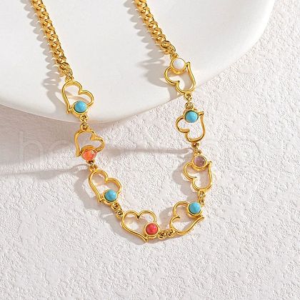 Bohemian 304 Stainless Steel & Dyed Colorful Synthetic Turquois Link Chain Necklaces for Women NJEW-M100-02G-02-1