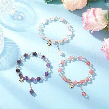 3Pcs Natural Quartz Crystal & Amethyst & Cherry Quartz Glass & Rose Quartz Round Beaded Stretch Bracelets BJEW-JB11935-1