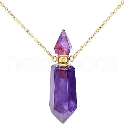 CHGCRAFT Natural Amethyst Pointed Hexagon Perfume Bottles Pendant Necklace NJEW-CA0001-07A-1