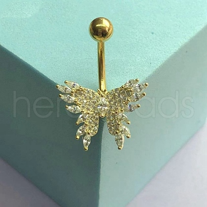 Brass Pave Clear Cubic Zirconia Curved Barbell Butterfly Belly Rings AJEW-L099-01A-G-1