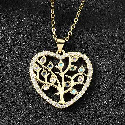 Brass Micro Pave Colorful Cubic Zirconia Tree of Life Heart Pendant Necklaces for Women NJEW-D311-01B-G-1