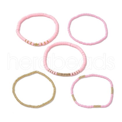 5Pcs 5 Styles Handmade Polymer Clay & Glass Stretch Bracelets BJEW-JB10971-01-1
