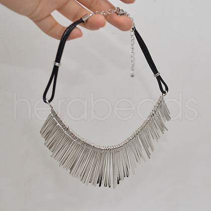 Alloy Long Tassel Bib Black Waxed Cord Necklaces FS-WGA960C-01-1