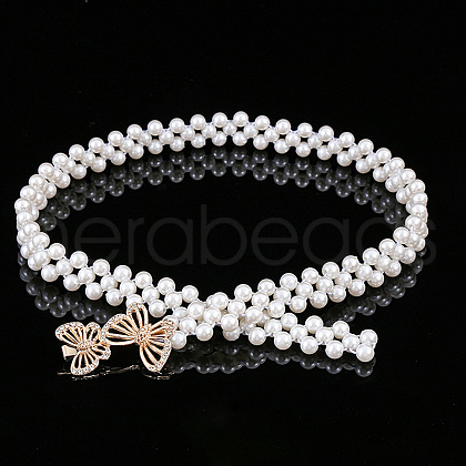 White Acrylic Imitiaotn Pearl Beaded Elastic Chain Belts with Alloy Buckles WGEAB88-08-1
