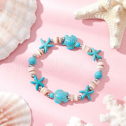 Starfish & Turtle Natural Freshwater Shell Beads Stretch Bracelets for Women BJEW-JB11922-01-1
