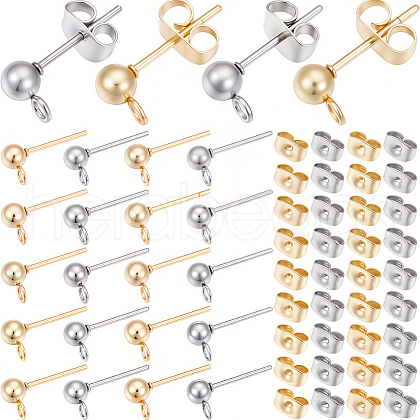 SOFPLATE 100Pcs 2 Color 304 Stainless Steel Ball Stud Earring Findings STAS-SP0001-56-1