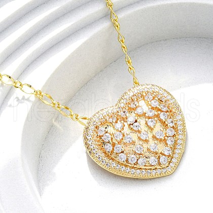 Brass Pave Clear Cubic Zirconia Heart Pendant Necklaces for Women NJEW-K381-07B-G-1