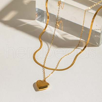 304 Stainless Steel Heart Pendant Double Layered Necklaces for Women NJEW-V012-02G-1