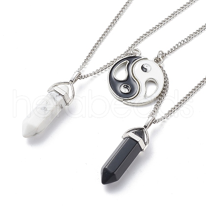 2Pcs 2 Style Natural Howlite & Black Obsidian Bullet Pendant Necklaces Set NJEW-JN03994-01-1