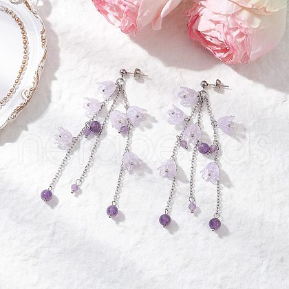 Acrylic Flower Tassel Stud Earrings EJEW-TA00648-01-1