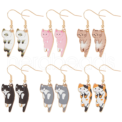 ANATTASOUL 6 Pairs 6 Colors Cat Theme Enamel Dangle Earrings EJEW-AN0001-15-1