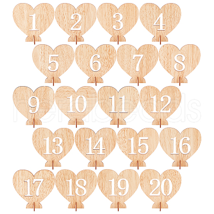 Heart Wooden Table Number 1-20 with Base DJEW-WH0033-61-1