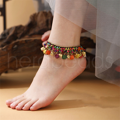 Bohemian Dyed Synthetic Turquoise Elephant & Brass Fish Heart Beaded Tassel Anklets for Women FS-WG11539-05-1