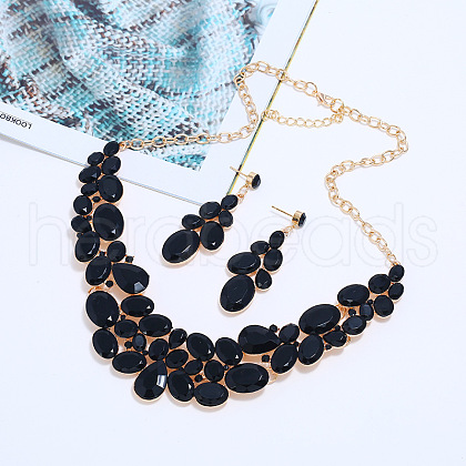 Oval Alloy Glass Stud Earrings & Bib Necklaces Sets for Women FS-WGA59D1-01-1