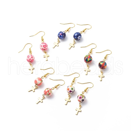 Resin Round Bead with Cross Dangle Earrings EJEW-JE05056-1