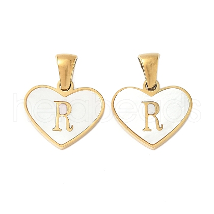 304 Stainless Steel Pave Natural White Shell Heart with Initial Slice Pendants STAS-R168-25G-R-1