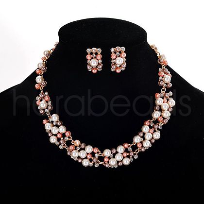 Alloy & Plastic Pearl Round Beaded & Crystal Rhinestone Chain Necklace & Stud Earring FS-WG9A31F-02-1