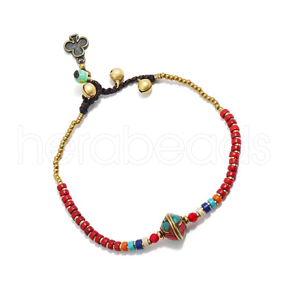 Alloy Rondelle & Dyed Synthetic Turquoise Heishi Braided Beaded Adjustable Anklets for Women FS-WG1CCC6-04-1