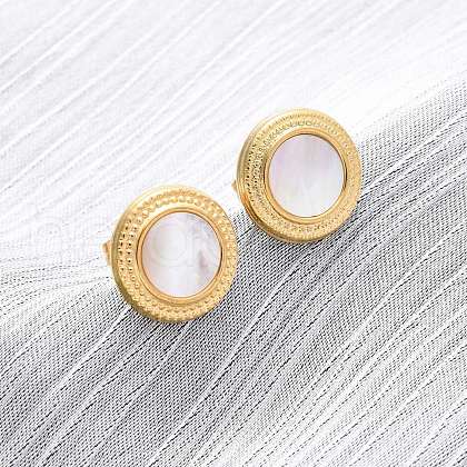 304 Stainless Steel Natural White Shell Stud Earrings EJEW-Z103-04G-02-1