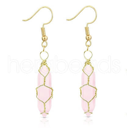 Rose Quartzl Hexagon Handmade Copper Wire Wrapped Earrings Natural Stone Column Earrings ND6138-2-1