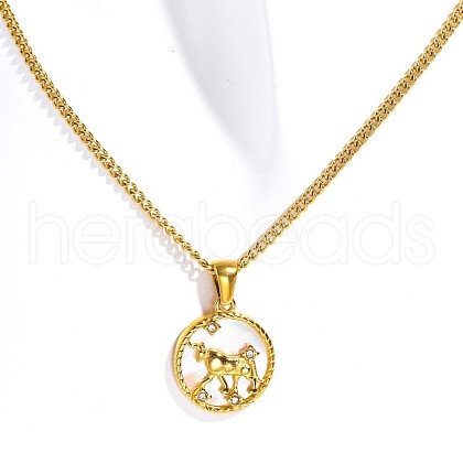 Ion Plating(IP) Stainless Steel Pave Shell Flat Round Constellation Pendant Twist Chain Necklaces PW-WG99157-02-1