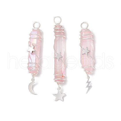 3Pcs 3 Styles Electroplated Natural Quartz Crystal Pointed Copper Wire Wrapped Pendants PALLOY-JF03767-05-1