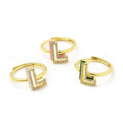 Mixed Color Enamel Initial Letter Adjustable Ring with Clear Cubic Zirconia RJEW-P045-01G-L-1