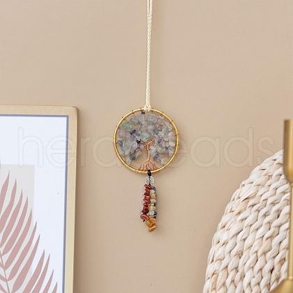 Flat Round with Tree of Life Natural Fluorite Chips Pendant Decorations TREE-PW0003-18-1