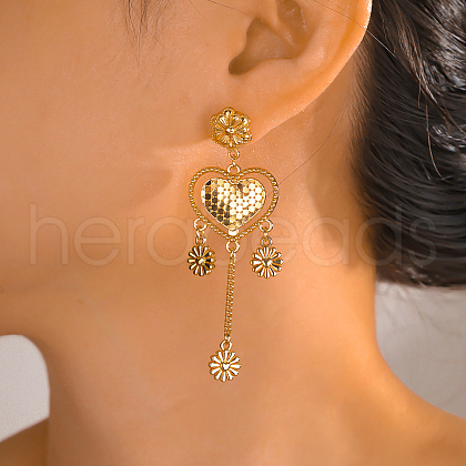 Gold Plated Heart Flower Tassel Earrings for Women Fashion Accessories QO2908-1