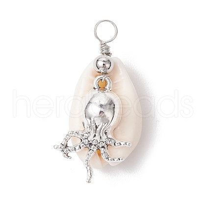 Natural Cowrie Shell & Alloy Sea Animals Pendants PALLOY-JF03751-02-1