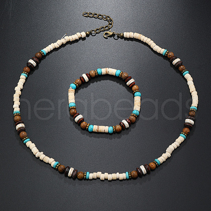 Bohemian Style Coconut Shell with Synthetic Turquoise Rondelle Beaded Necklaces & Bracelets Sets FS-WG8D889-02-1