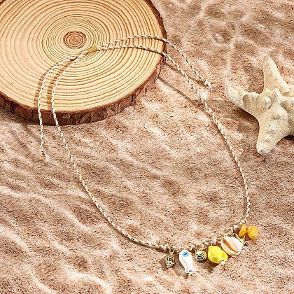 Summer Beach Porcelain Fish & Natural Cowrie Shell Pendant Cotton Cord Adjustable Necklaces FS-WG63638-03-1