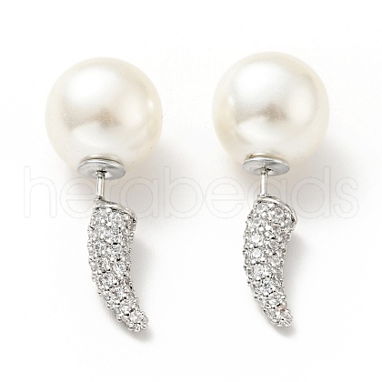 Clear Cubic Zirconia Horn with Acrylic Pearl Front Back Stud Earrings EJEW-G295-02B-P-1